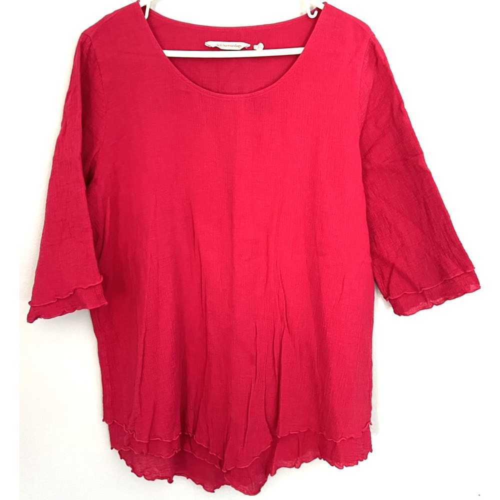 Soft Surroundings Top Women L Red Crinkle Gauze 3/4 Sleeve Boho Tunic Tiered Hem